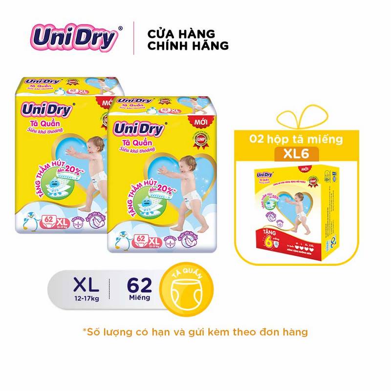 Combo 2 tã quần Unidry siêu khô thoáng gói Super Jumbo M74/L68/XL62/XXL56