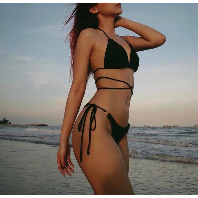 Bikini ❤️ FREESHIP❤️ tam giác đen đính khoen sexy