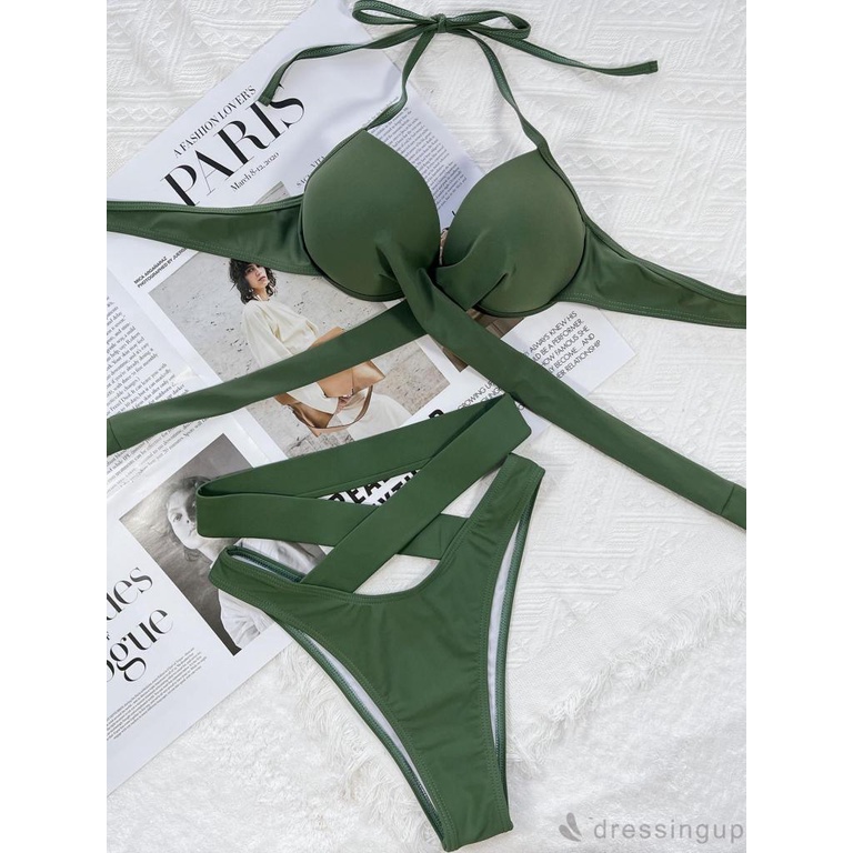 Bộ Bikini 2 Mảnh Lưng Cao Nâng Ngực Màu Trơn Cá Tính Cho Nữ