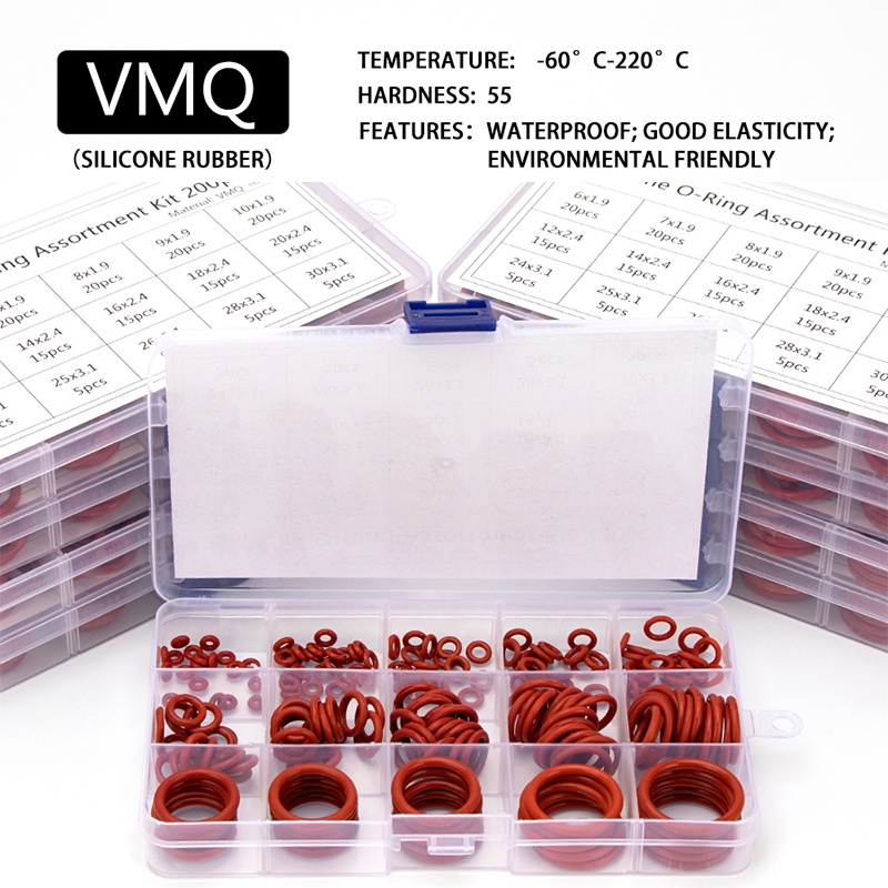 Hộp 150 Vòng Đệm silicone Đỏ 6mm-30mm cs 1mm 1.5mm 1.9mm 2.4mm
