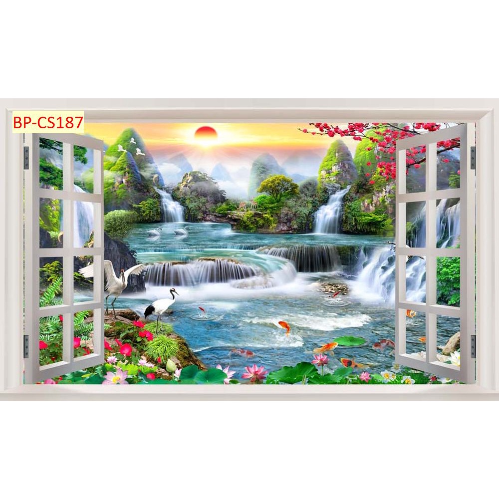 Tranh 3d cửa sổ nhìn ra phong cảnh sang trọng hiện đại