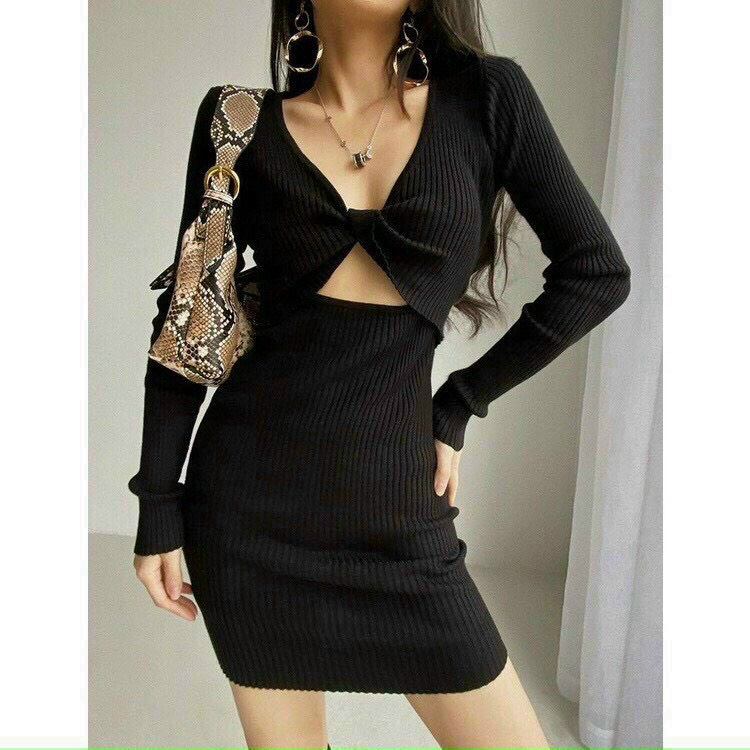 Đầm xoắn ngực dài tay thun gân ôm body