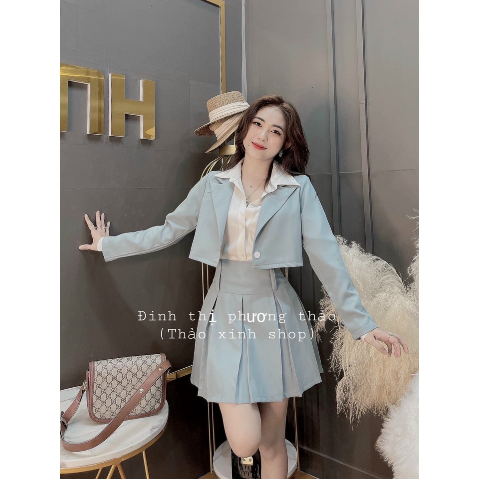 SÉT CHÂN VÁY XẾP LY ÁO VEST TAY DÀI