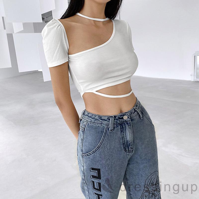 Áo Kiểu Tay Ngắn Màu Trơn Cổ Lệch Thời Trang Dành Cho Nữ