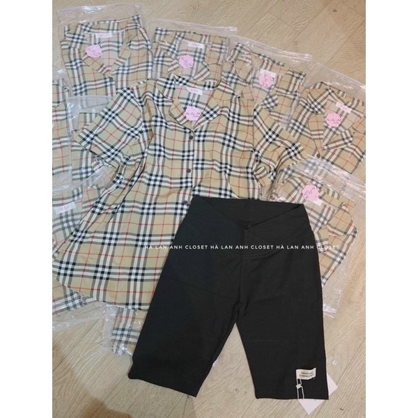 áo sơ mi kẻ có túi ngực form rộng cộc tay ngắn -không bầu mặc cũng đẹp