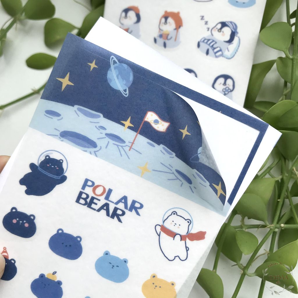 Sticker gấu xanh và chim cánh cụt xanh cute trang trí sổ tay, nhật ký, bullet journal