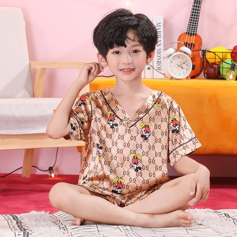 Trai Gái Bộ Đồ Ngủ Pijama Ngắn Tay Vải Lụa Phong Cách Hàn Quốc Cho Bé
