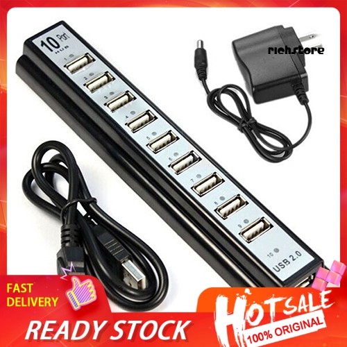 Bộ Chia 10 Cổng Usb 2.0 Hub + Bộ Chuyển Đổi Nguồn Us Cho Pc Laptop