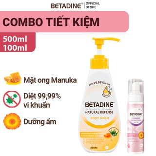 Bộ sữa tắm kháng khuẩn Betadine mật ong Manuka diệt 99.99% vi khuẩn - 500ml + Bọt vệ sinh phụ nữ Betadine Hồng 100ml