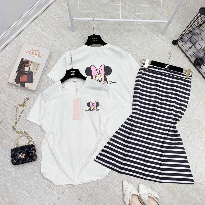 Set kiểu chân váy đuôi cá sọc ngang áo thun cổ tròn micky xinh NU80