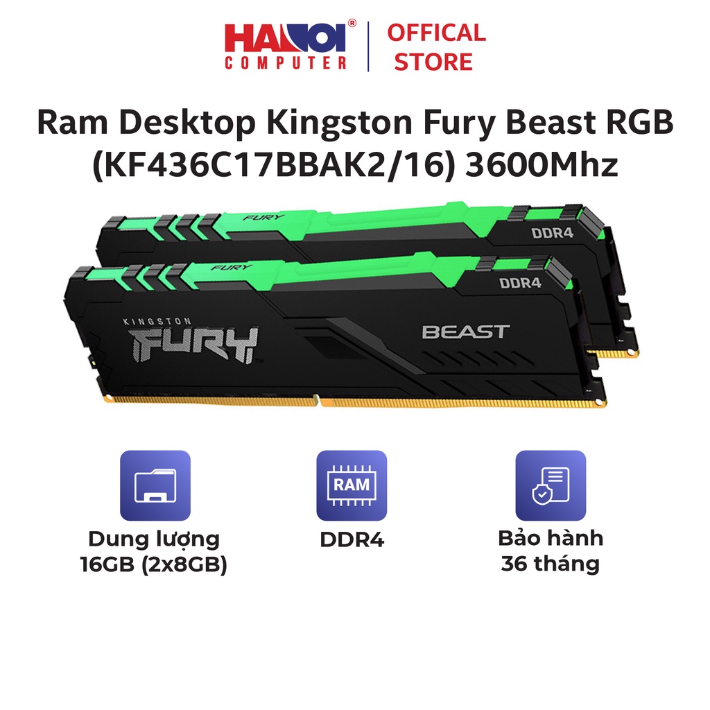 Ram Desktop Kingston Fury Beast RGB (KF436C17BBAK2/16) 16GB (2x8GB) DDR4 3600Mhz