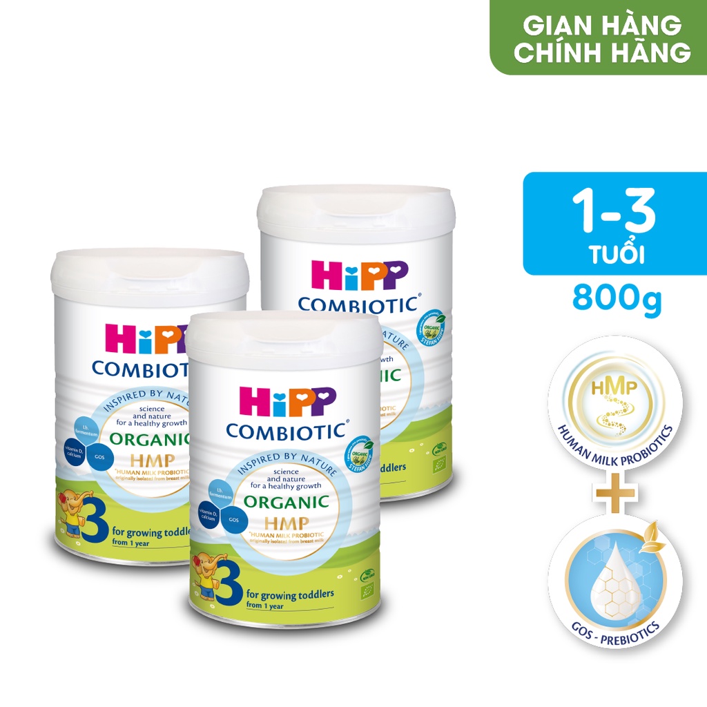 Combo 3 lon Sữa bột công thức HiPP 3 Organic Combiotic 800g hỗ trợ tiêu hóa và tăng chiều cao (3 lon x 800g)