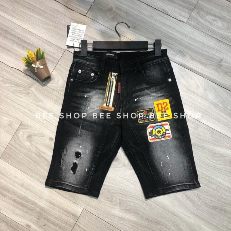 Quần bò ngố DSQ đính huy hiệu khoá chéo, quần jean đùi nam, quần short bò 3 logo - Bee Shop xịn