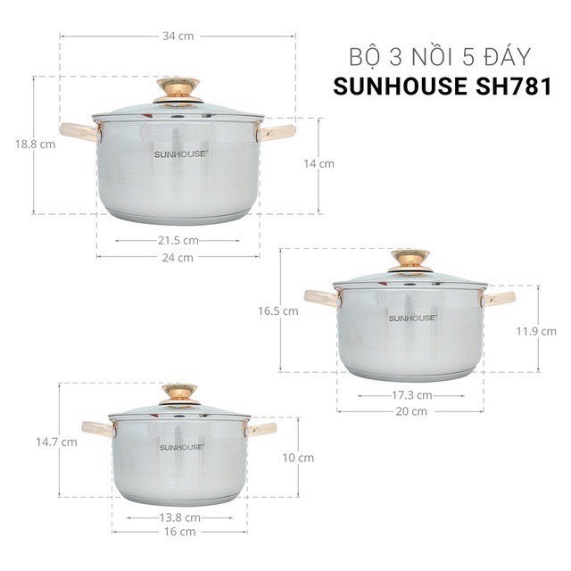 Bộ Nồi sunhouse inox 3 cái dáy dầy 5 lớp cao cấp dùng cho cả bếp từ SH781 (sezi 16,20,24cm)