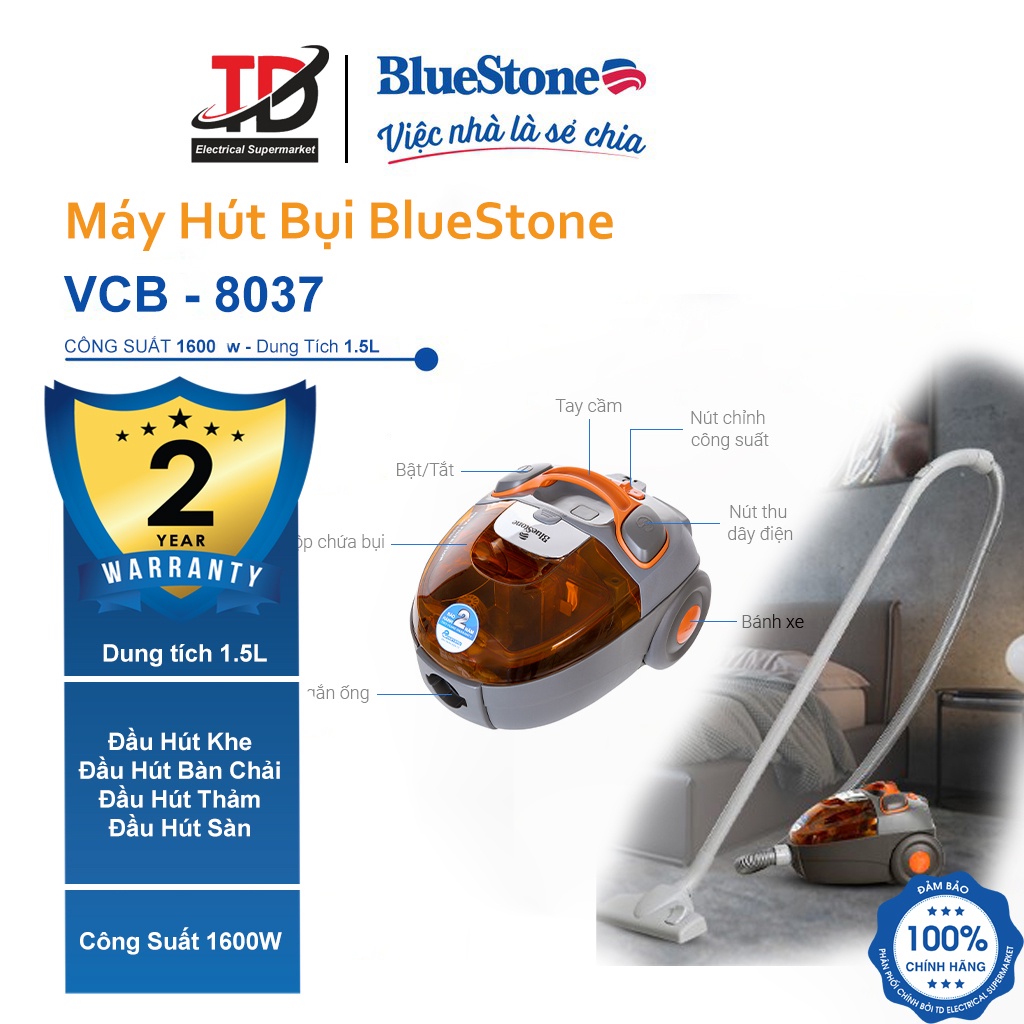 [Mã ELHA22 giảm 6% đơn 300K] Máy hút bụi Bluestone VCB-8037 , Công Suất 1600W , Bảo hành chính hãng 2 năm