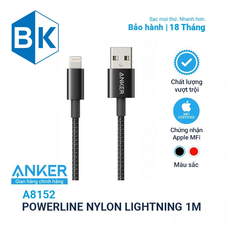 Cáp sạc Anker 1m MFI A8152 bọc dù cho IP/tablet táo (ChIPmới chống đen chân sạc C89)
