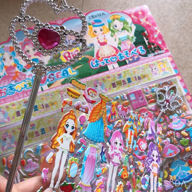 Sỉ vỉ dán sticker nổi kèm gậy phép thuật công chúa ( vỉ 12 bộ)