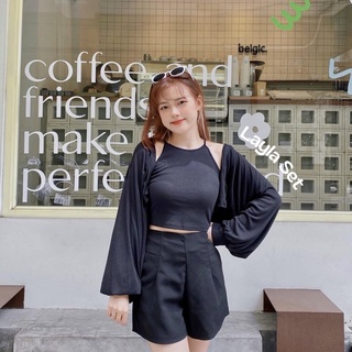 [CLAY] LAYLA SET - Áo khoác cardigan tay bồng mix croptop yếm len tăm