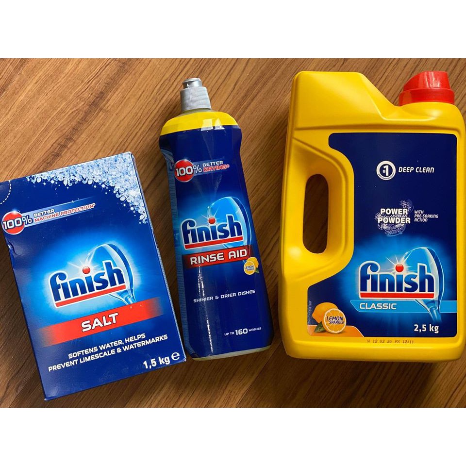 Bột rửa chén bát Finish 2,5kg + muối Finish 1,5kg + nước làm bóng Finish 750ml + Tặng 2 viên finish