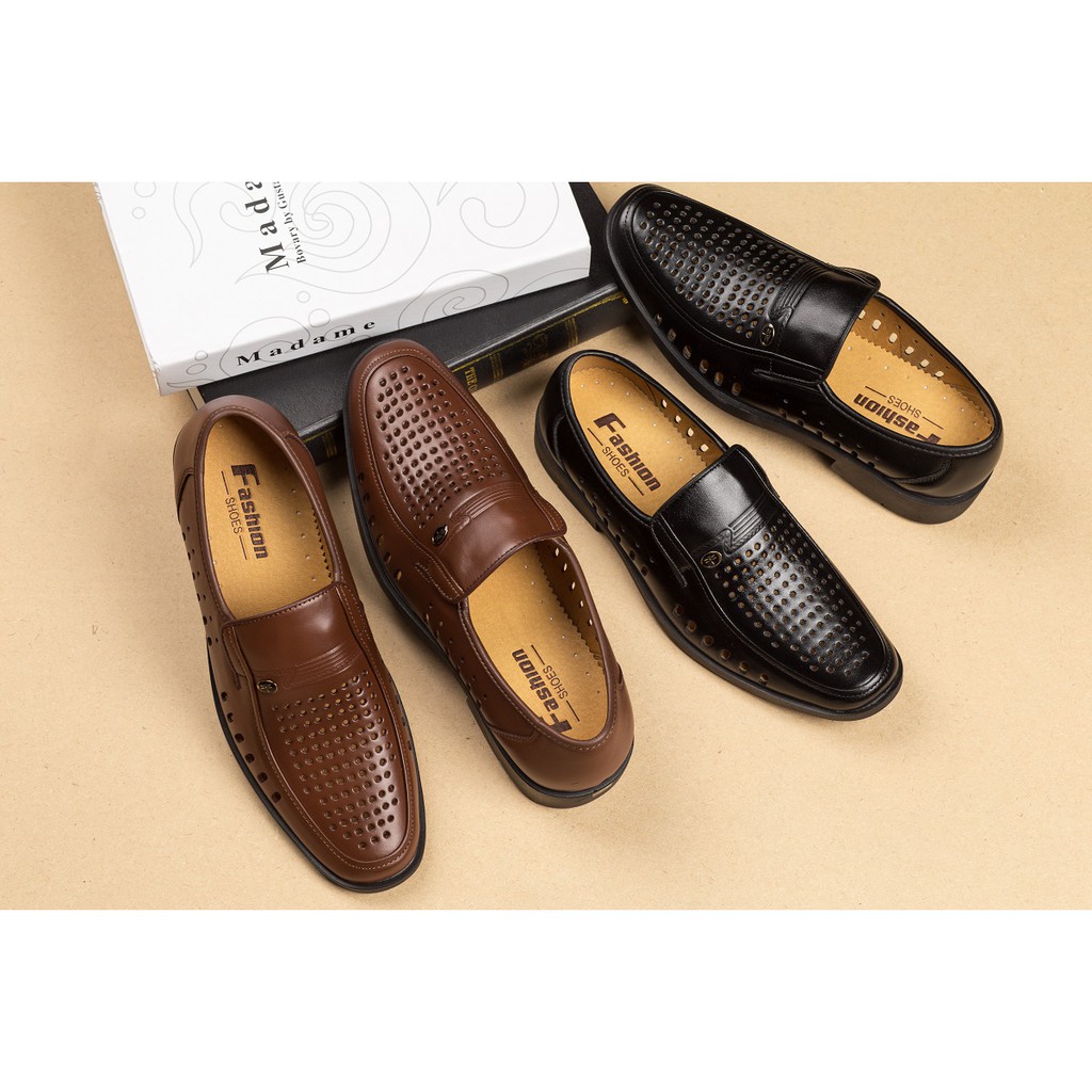 Giày da thật đục lỗ quanh thân, cho người trung tuổi, hai màu đen và nâu, bảo hành 12 tháng PL061 - PELLE SHOES