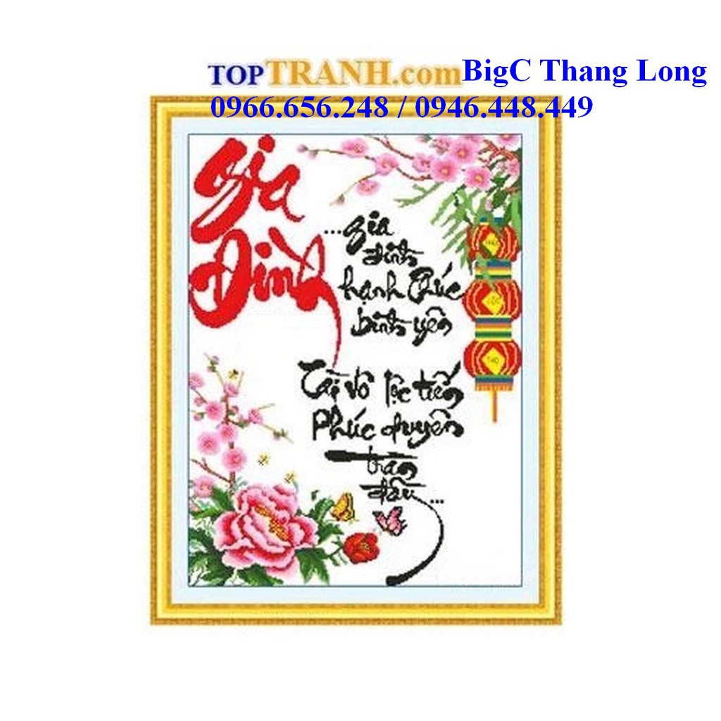 Tranh thêu chữ thập chữ gia đình và hoa mẫu đơn 222695 chưa thêu