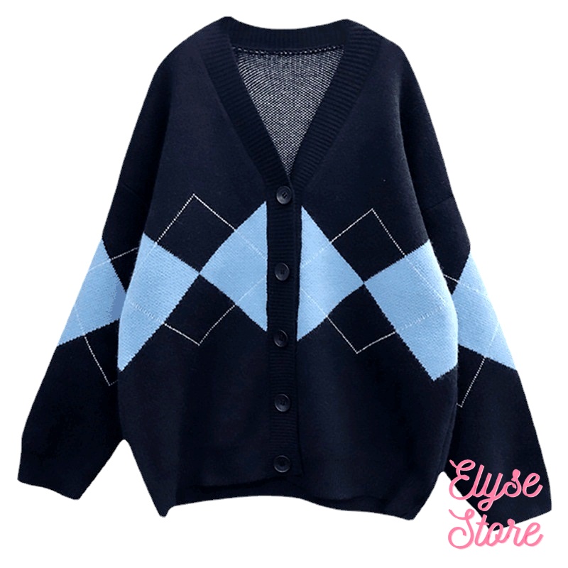 Áo khoác len cardigan retro họa tiết hình thoi dáng dài phong cách Hàn Quốc G-15