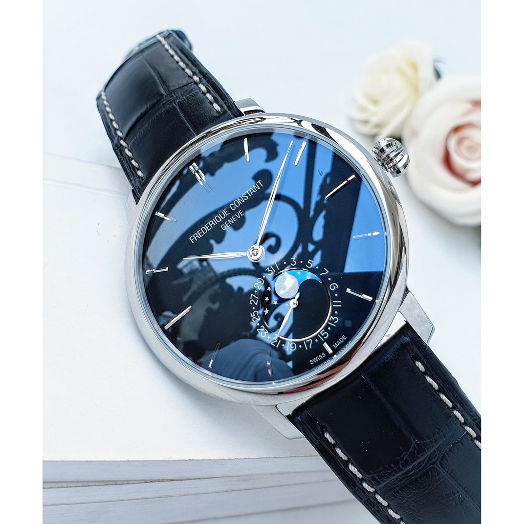 Đồng hồ nam chính hãng Frederique Constant Slimline Automatic Moonphase Blue - Máy cơ tự động - Kính Sapphire