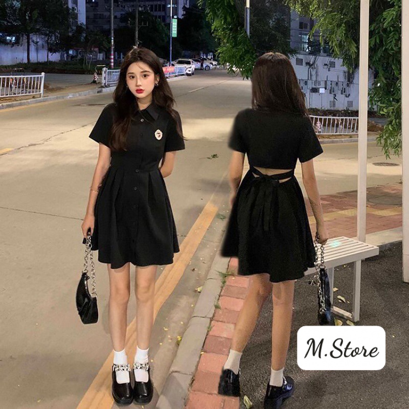 Váy nữ,đầm polo cổ sơ mi tay ngắn logo ngực dáng chữ A,eo chun thắt nơ lưng,học sinh hottrend_M.Store