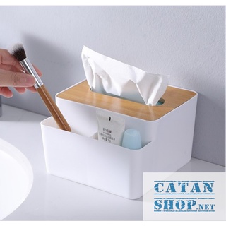 Hộp đựng giấy ăn nắp gỗ có ngăn để đồ đa năng, hộp khăn giấy nắp gỗ kèm khay để đồ tiện dụng gd554-nago-2ngan