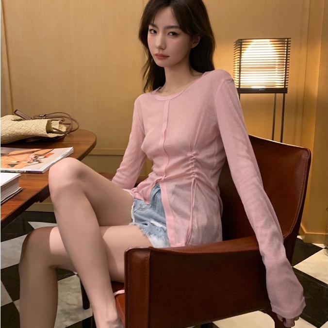 Porozi  Áo croptop vải dệt kim tay dài cổ tròn màu sắc đơn giản cho nữ