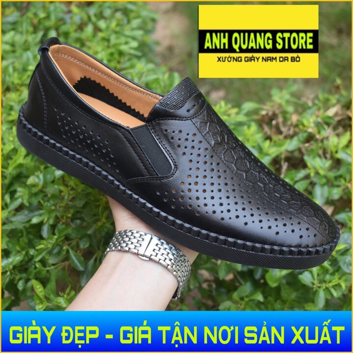 Giày mùa hè lười nam HQC SHOES thiết kế đục lỗ laze thoáng khí chất liệu da bò thật HQ019