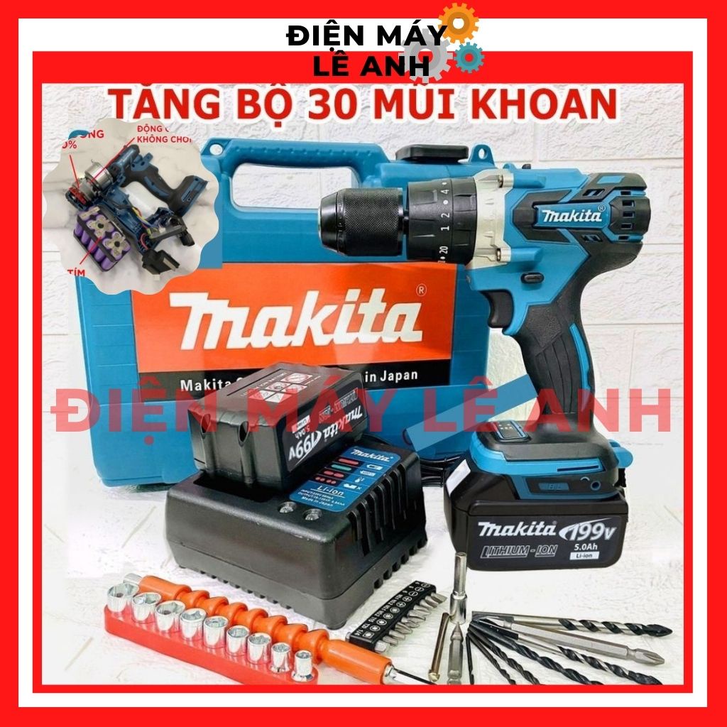 Máy khoan pin siết ốc bắn vít bulong Makita 199V 3 chức năng có búa không chổi than cầm tay đa chức năng gia đình giá rẻ