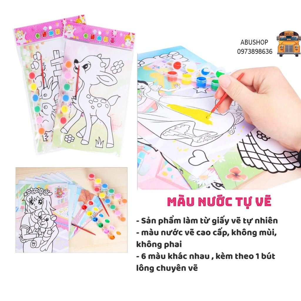 Bộ 2,5 và 6 tranh tô màu nước kèm 6  khay màu và bút vẽ - Đồ chơi mỹ thuật cho bé thỏa sức sáng tạo