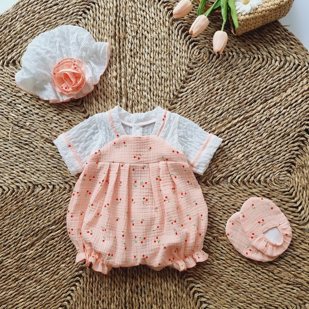 Bodysuit Hàn quốc Cho Bé Gái Sơ Sinh 0-12 Tháng Kèm Nón và Vớ, Bodysuit Thiết Kế, Quà Đầy Tháng, Đầm Thôi Nôi