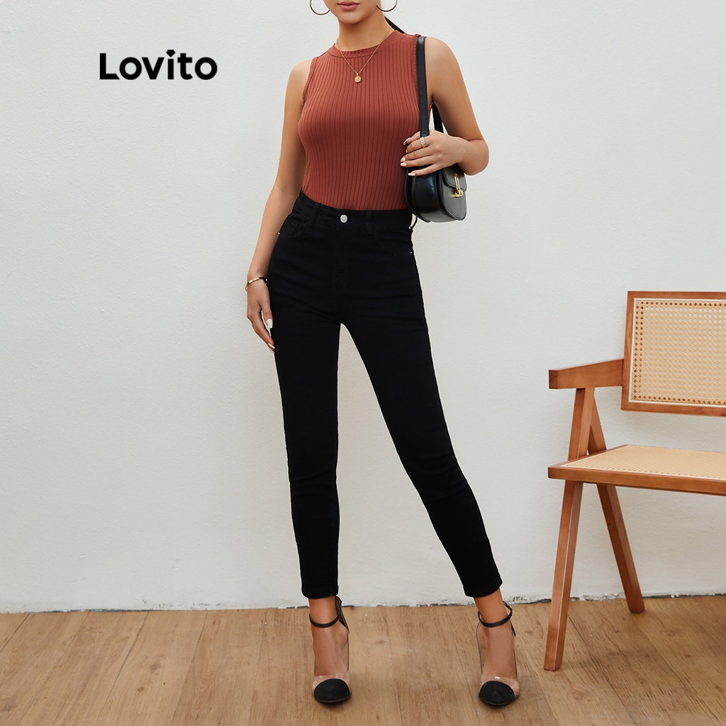 Lovito Cổ áo đứng trơn không tay vừa phải Áo khoác cơ bản L20D173 (Nâu gỉ)