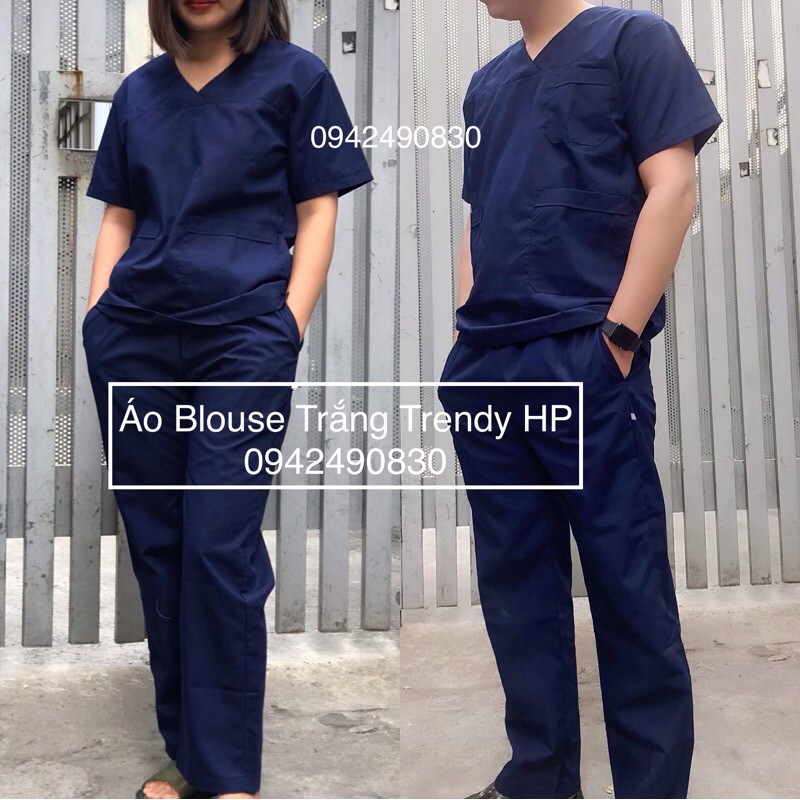 Bộ quần áo Phẫu thuật cổ tim nữ màu xanh đen - Bộ scrubs kỹ thuật viên, hộ lý, bác sĩ nữ cộc tay