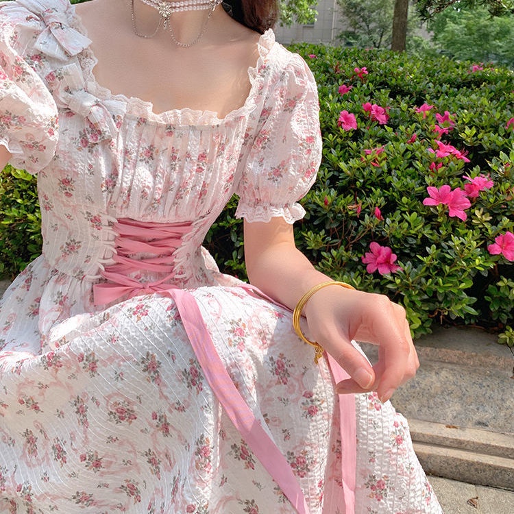 Đầm Dài Lưng Cao Thắt Nơ Họa Tiết Hoa Đào Phong Cách Pháp Thời Trang Mùa Hè Cho Nữ