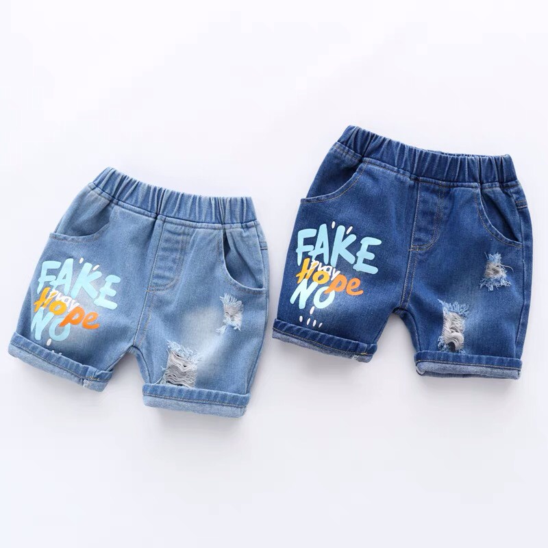 Quần Bò Đùi MINKYSOON Quần Jean In Chữ FAKE Cho Bé Trai Và Bé Gái Từ 10-25kg.