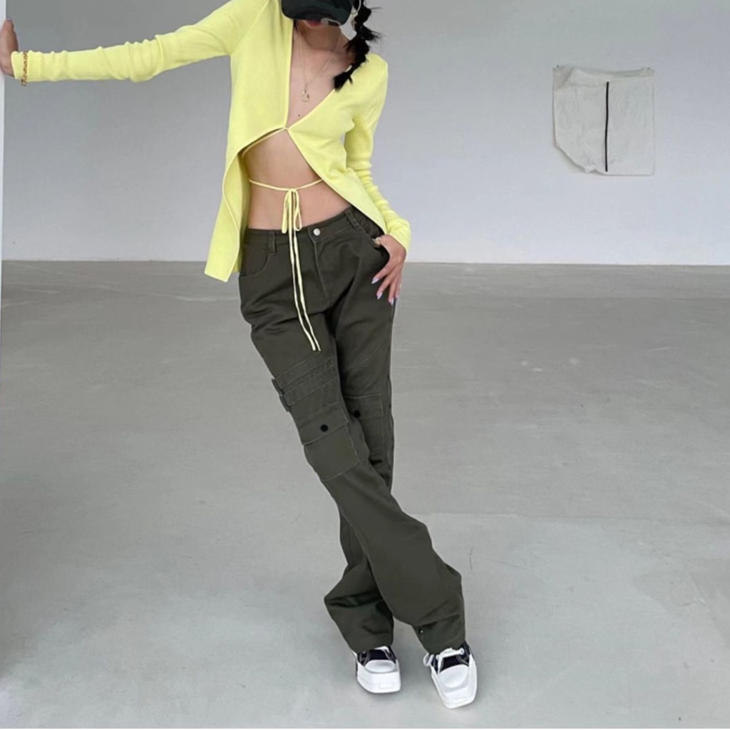 Quần jean ống rộng phối cúc lưng cao phong cách hip-hop thời trang xuân thu cho nữ
