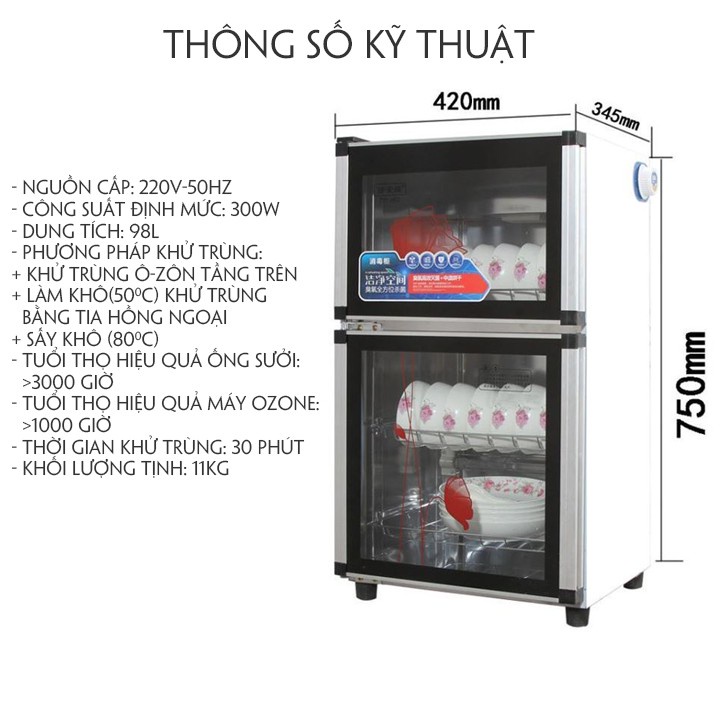 Máy Sấy Khử Khuẩn Bát Đĩa Gia Đình 98L , Tủ Khử Trùng Bát Đĩa Bằng Ozon Hồng Ngoại Sấy Khô Chén Bát Cực Nhanh