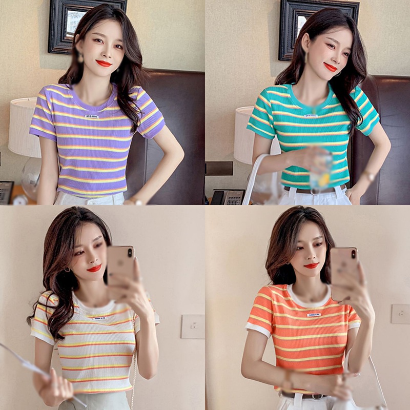 Áo Thun Dệt Kim Tay Ngắn Cổ Tròn Kẻ Sọc Màu Cầu Vồng Dễ Thương Cho Nữ