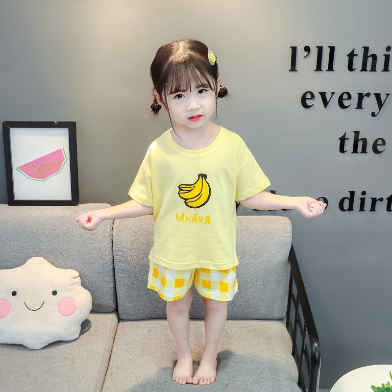 Bộ cộc tay cho bé - bộ áo quần cotton in hình dâu tây, trái chuối cho bé gái