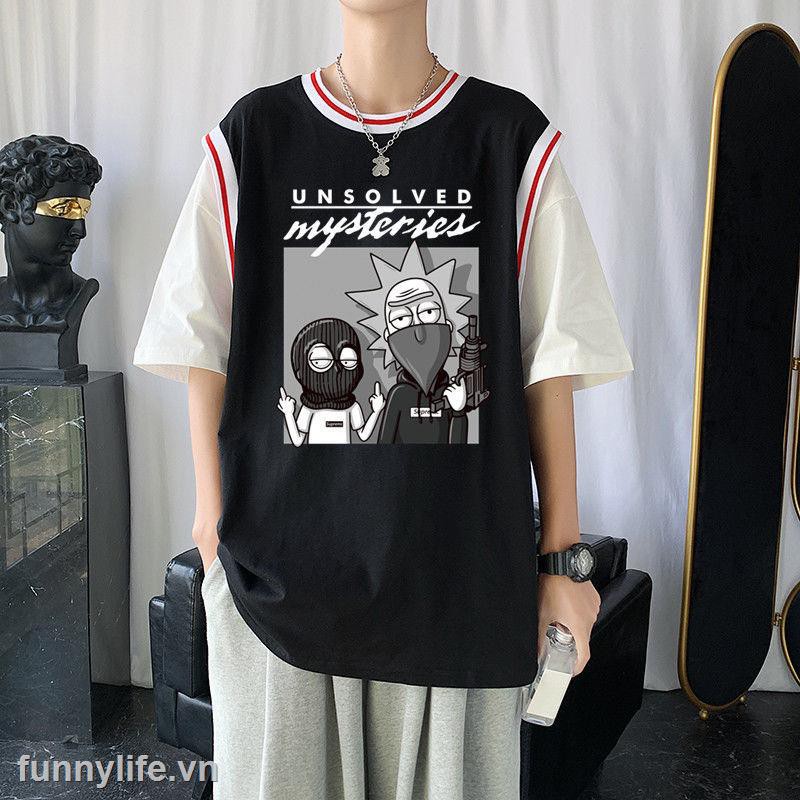 2021Fake two t-shirt male ins tide brand Summer loose Harajuku style short sleeve trend wild student oversize half sleeve