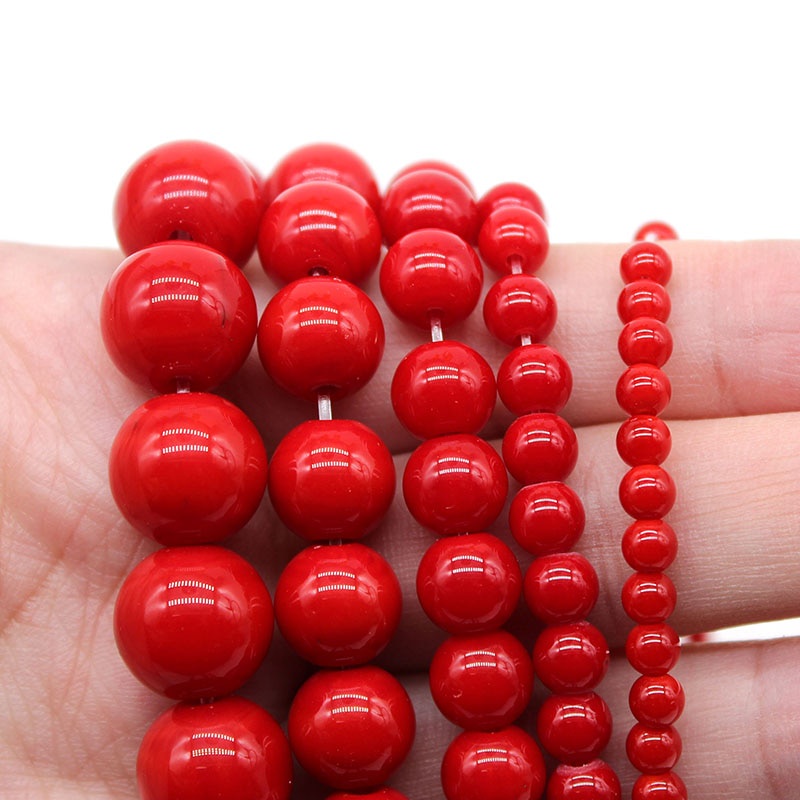 Chuỗi Hạt Đá Tròn Màu Đỏ San Hô 4 6 8 10 12mm Làm Trang Sức diy 15 "