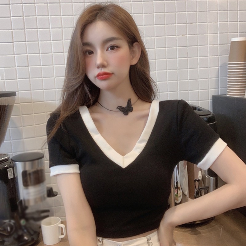 Áo Thun Tay Ngắn Cổ Chữ V Dáng Ôm Thoáng Khí Thoải Mái Cho Nữ
