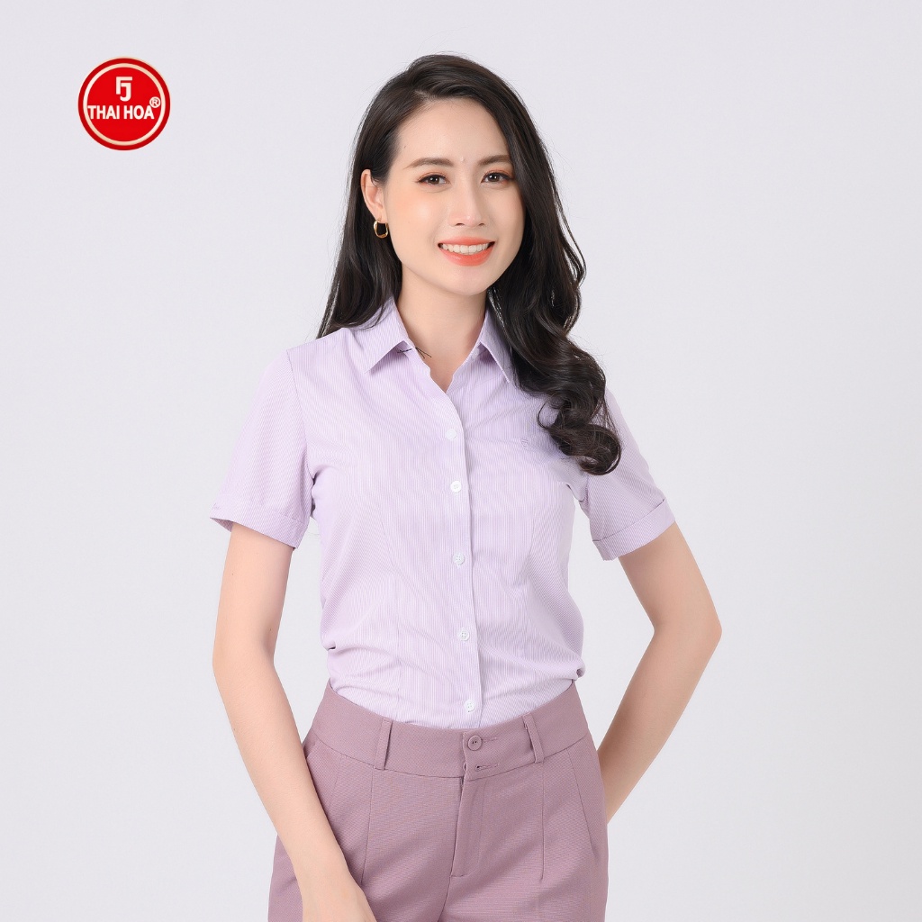 Áo sơ mi nữ Thái Hòa N640-11-01 ngắn tay công sở màu tím kẻ tăm trẻ trung