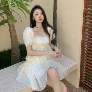 Đầm vải lụa bóng phối lưới tay phồng thời trang ngọt ngào mùa hè dành cho nữ