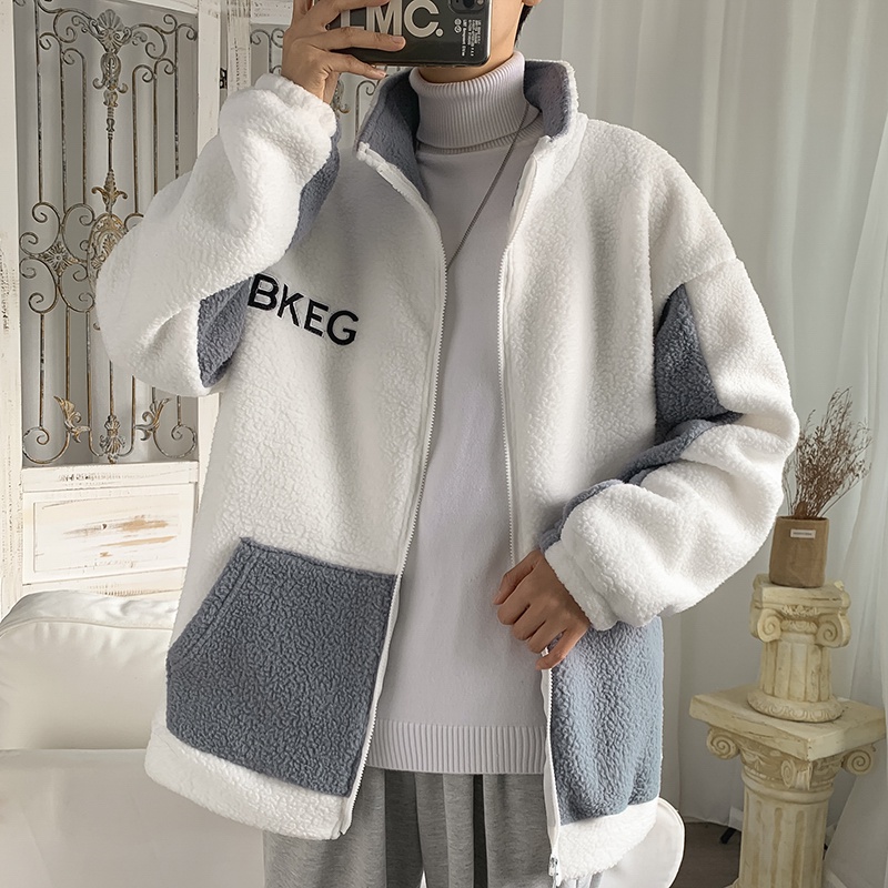 Áo khoác len lông cừu cổ đứng dáng rộng đơn giản thời trang mùa đông Nhật Bản cho nam