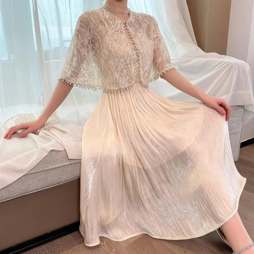 Áo Choàng Sườn Xám Phối Ren Đính Ngọc Trai Thời Trang Xuân Hè Cá Tính