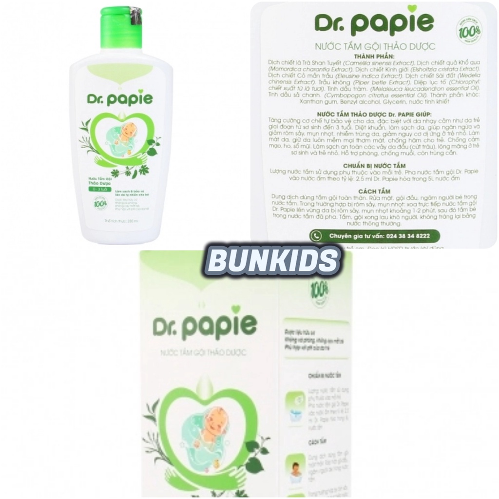 Nước tắm gội thảo dược Dr. Papie 230ml cho bé sơ sinh [ CHÍNH HÃNG ] sữa tắm Drpapie